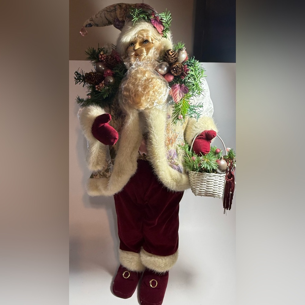 Vintage 24” Tapestry Coat Santa Claus Figure Velvet & Faux Fur Holiday Decor